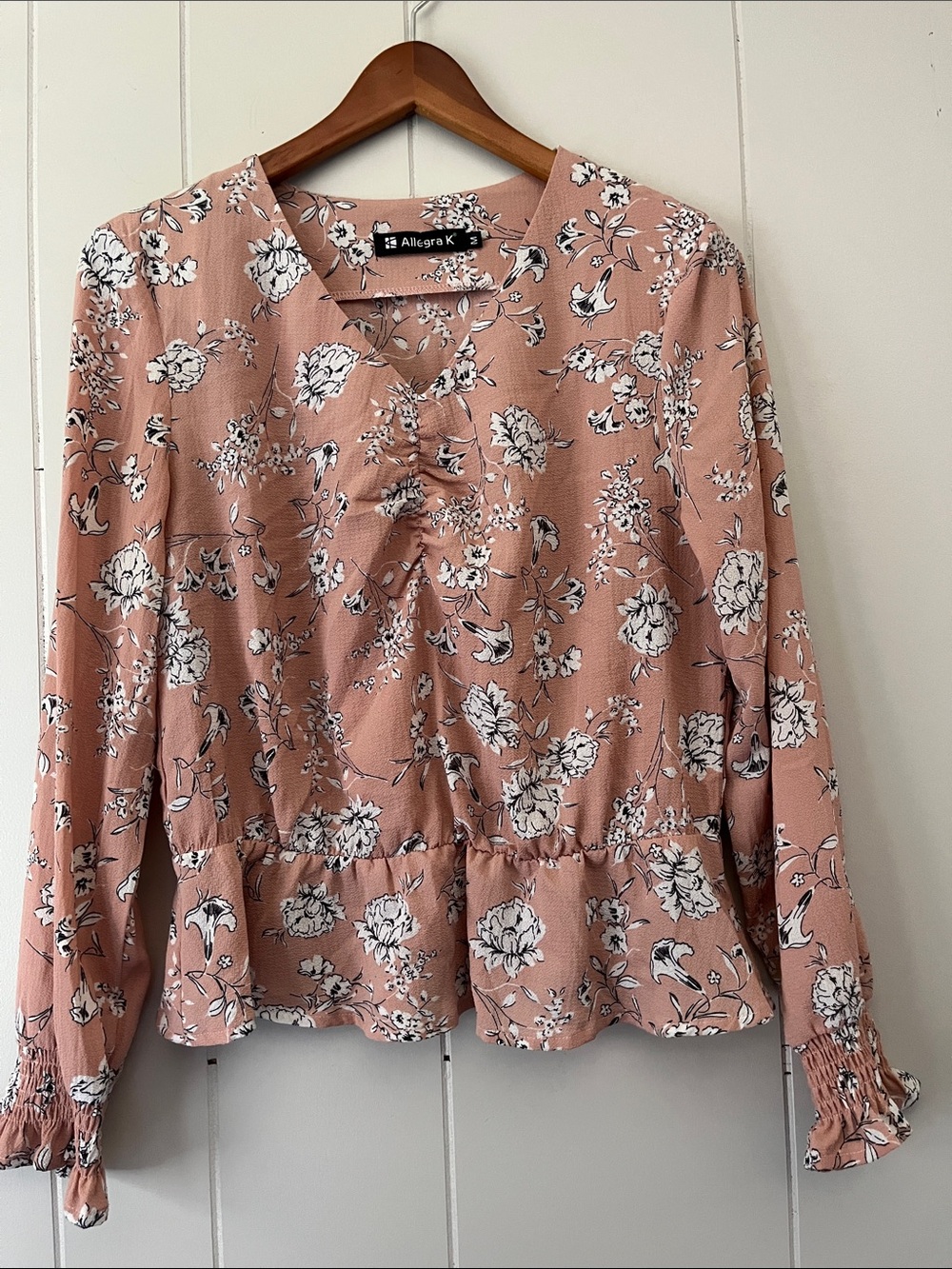 Allegra K Rose Pink Floral Ruffle-Peplum Blouse
